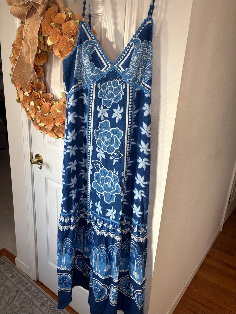 Caroline Constas Blue Tropical Floral Spaghetti Strap Maxi Dress